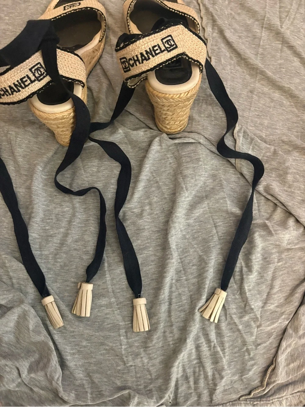 CHANEL Beige and Black Espadrille Lace-Up Sandals